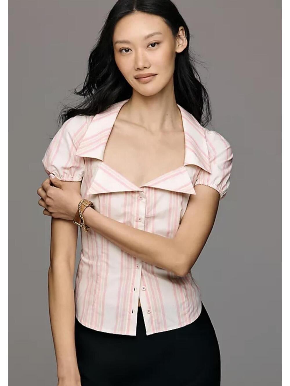 Anthropologie Maeve Pink Stripe Short Sleeve Sweetheart Blouse - Women's XL NWT